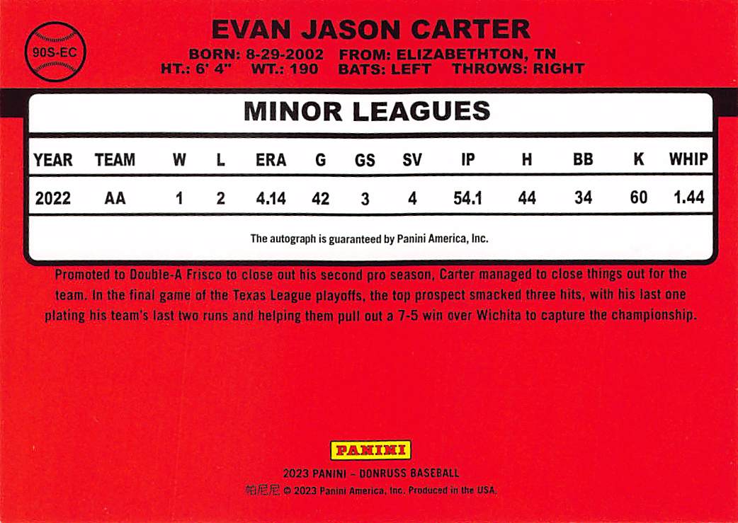 2023 Panini Donruss Baseball Evan Carter Auto Autograph #90S-EC Texas Rangers