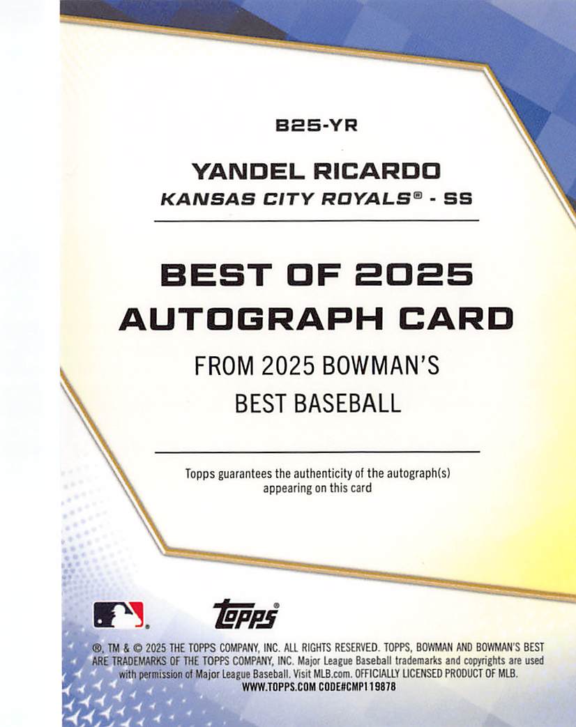 2025 Bowman's Best Yandel Ricardo Rookie Auto Autograph #B25-YR Royals