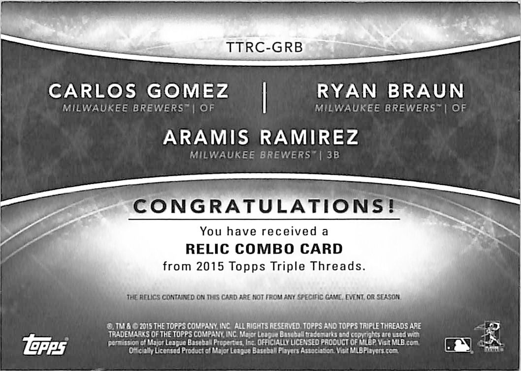 2015 Topps Triple Threads Ramirez Braun Gomez /36 Relic Patch #TTRC-GRB Brewers