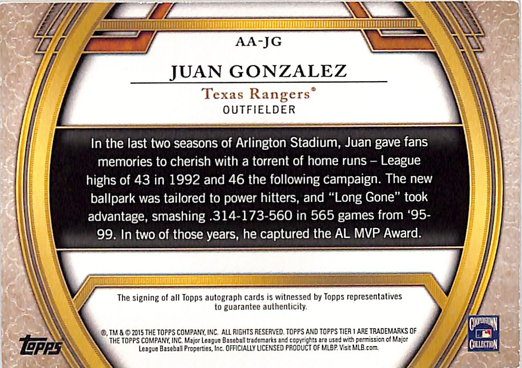 2015 Topps Tier One Juan Gonzalez Auto Autograph /299 #AA-JG Texas Rangers