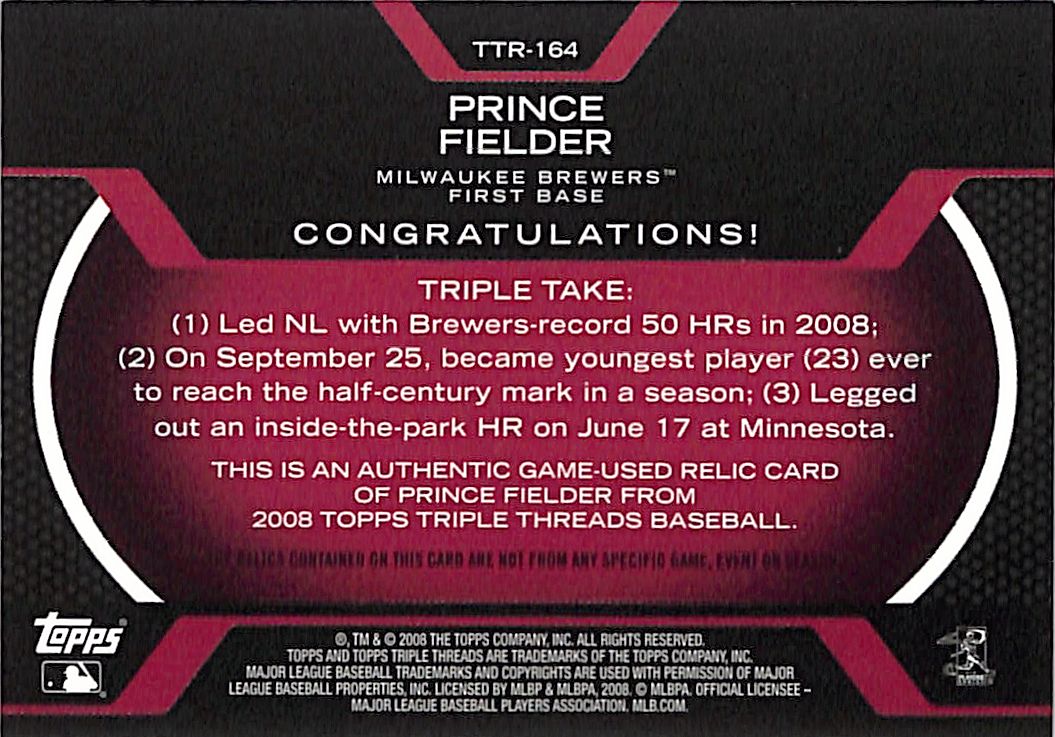 2008 Topps Triple Threads Prince Fielder /36 Triple Relic Patch #TTR-164 Brewers