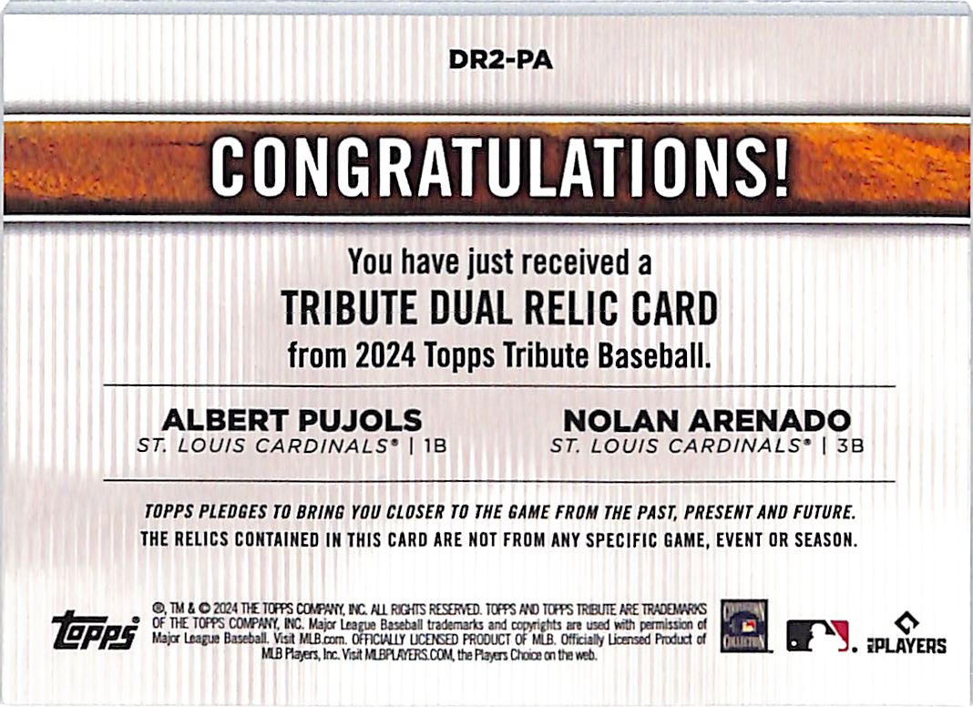 2024 Topps Tribute Nolan Arenado Albert Pujols /75 Patch Relic #DR2-PA Cardinals