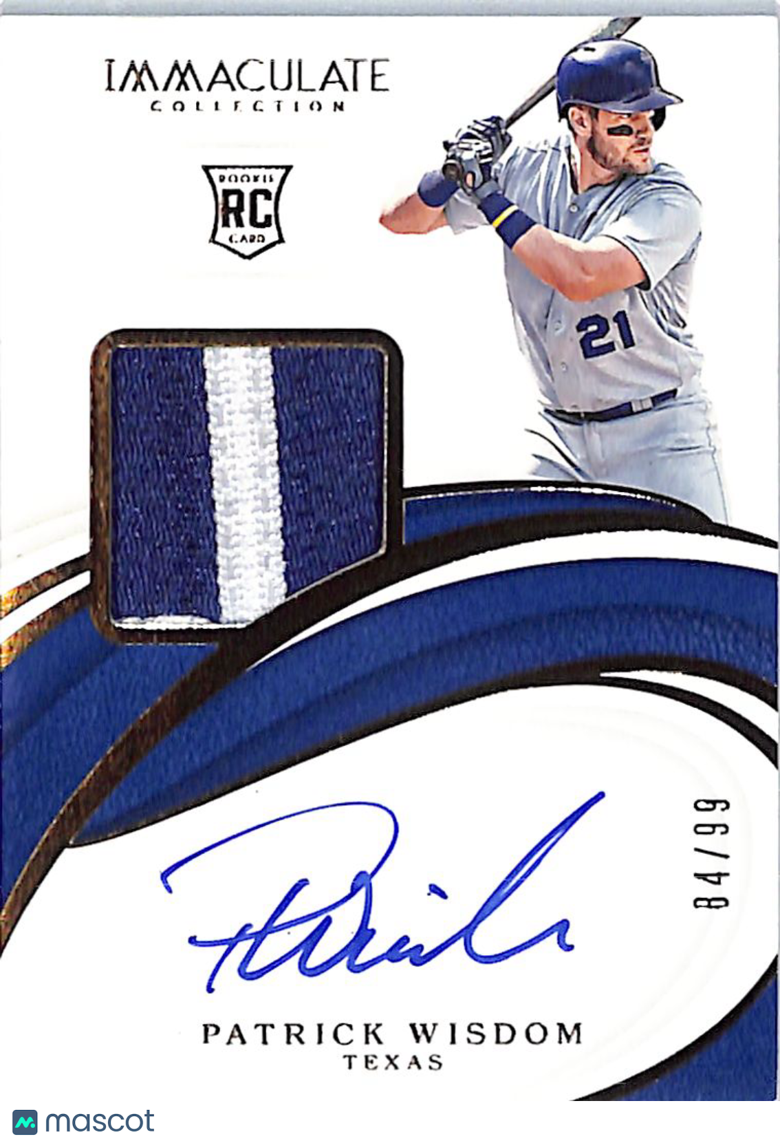 2019 Immaculate Collection Patrick Wisdom /99 Rookie Autograph Patch #36 Rangers