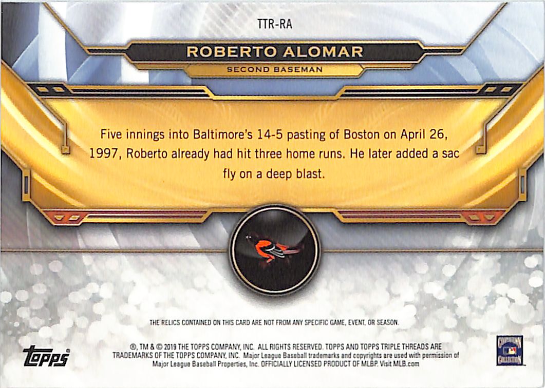 2019 Topps Triple Threads Roberto Alomar Green /18 Relic Patch #TTR-RA Orioles