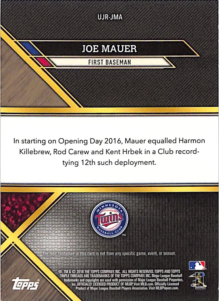 2016 Topps Triple Threads Joe Mauer Black /36 Patch #UJR-JMA Minnesota Twins