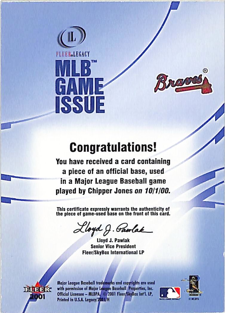 2001 Fleer Legacy Chipper Jones Game-Used Base Atlanta Braves