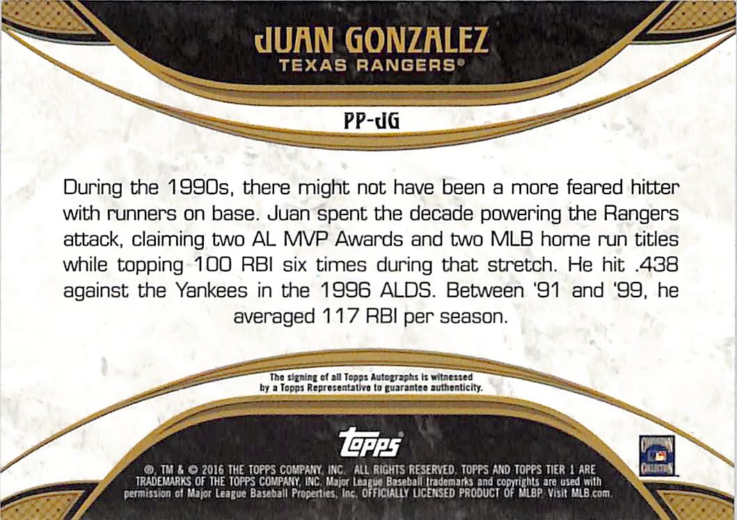 2016 Topps Tier One Prime Performers Juan Gonzalez Auto /249 #PP-JG Rangers