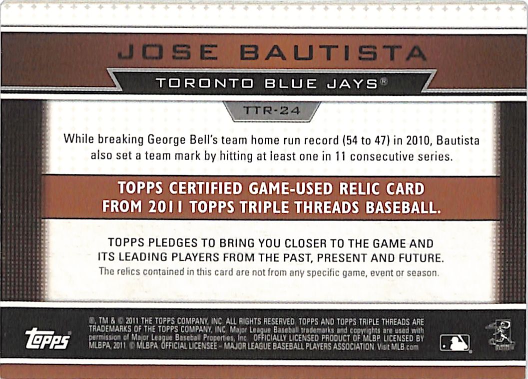2011 Topps Triple Threads Jose Bautista /27 Game-Used Relic #TTR-24 Blue Jays