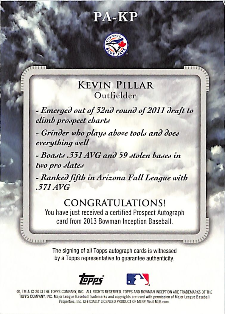 2013 Bowman Inception Kevin Pillar Autograph #PA-KP Toronto Blue Jays