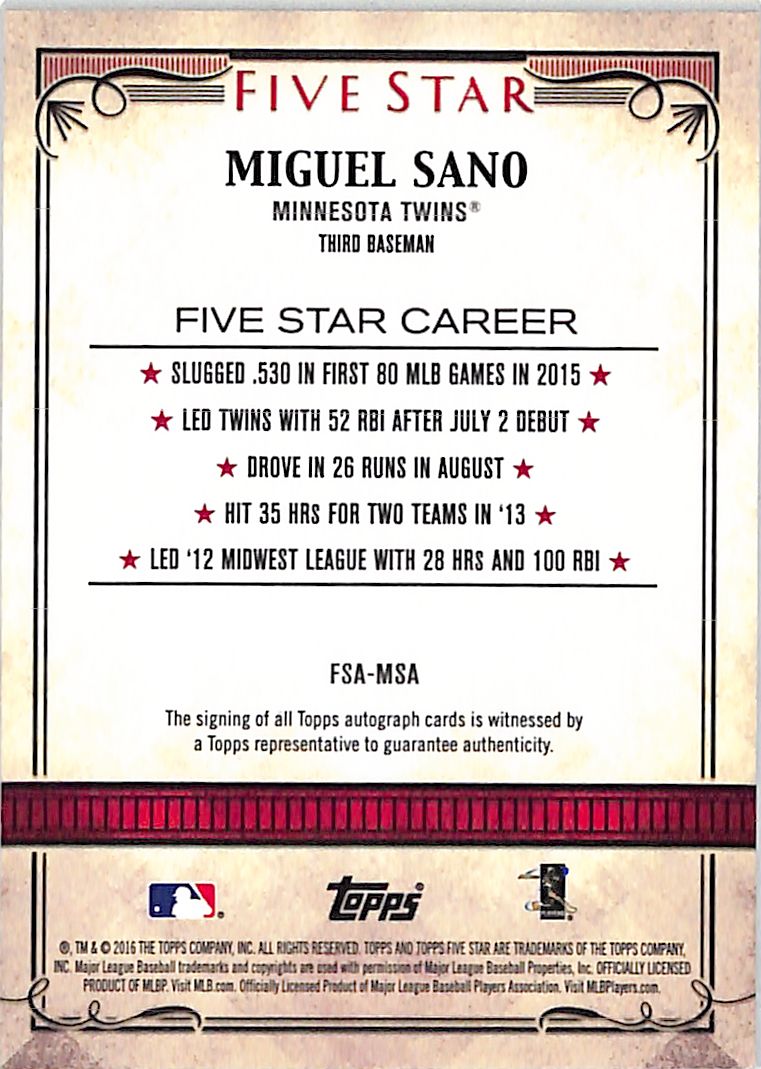 2016 Topps Five Star Miguel Sano Rookie Autograph Rookie #FSA-MSA Twins
