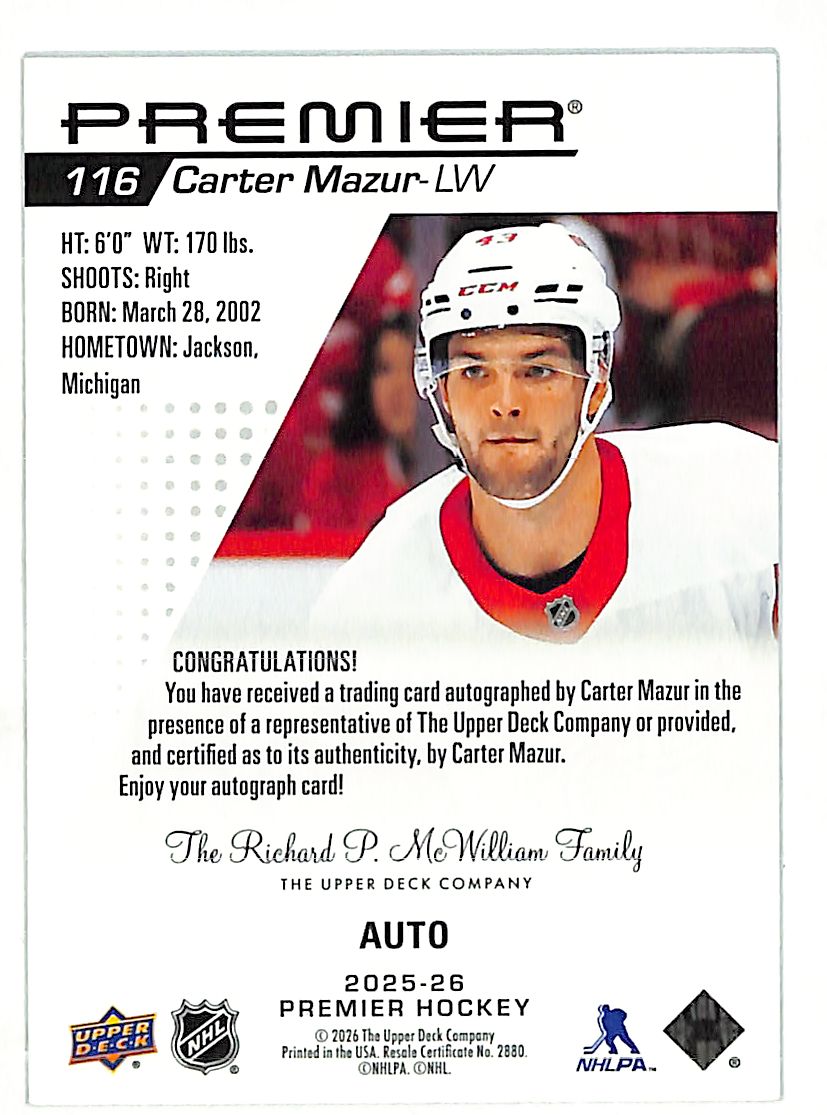 2025-26 Upper Deck Premier Hockey Carter Mazur Auto Rookie #116 Red Wings