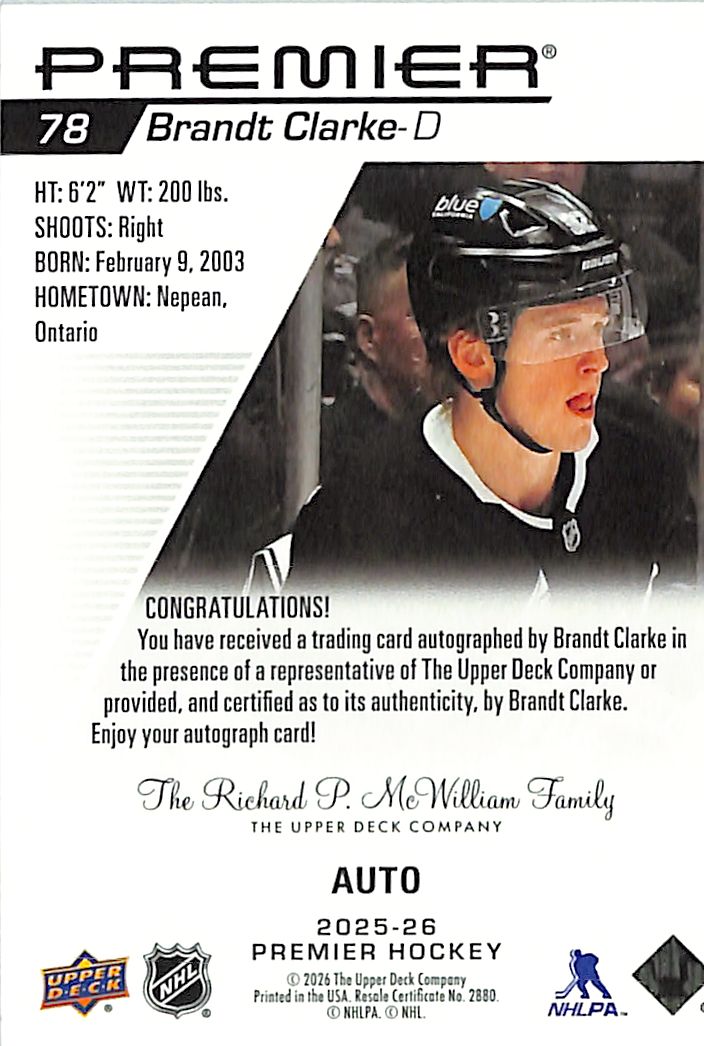 2025-26 Upper Deck Premier Hockey Brandt Clarke Auto Autograph #78 Kings