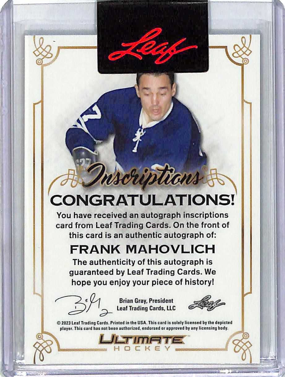 2023 Leaf Ultimate Hockey Frank Mahovlich Auto Inscriptions /25 Maple Leafs