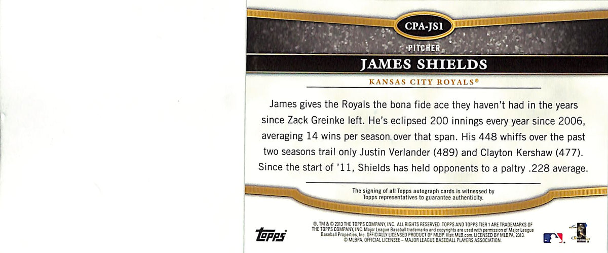 2013 Topps Tier One James Shields Auto Autograph /299 #CPA-JS1 Royals