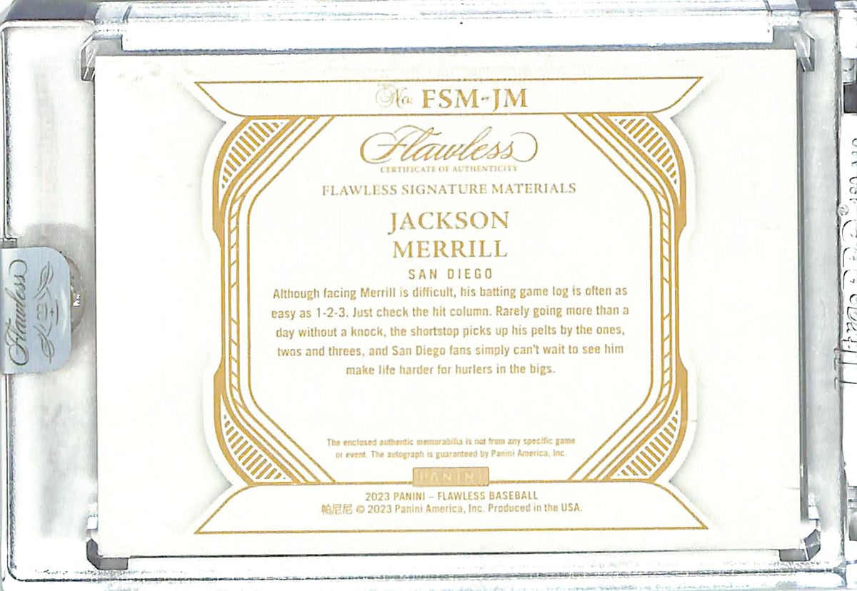 2023 Panini Flawless Jackson Merrill /20 Patch Auto Rookie #FSM-JM Padres