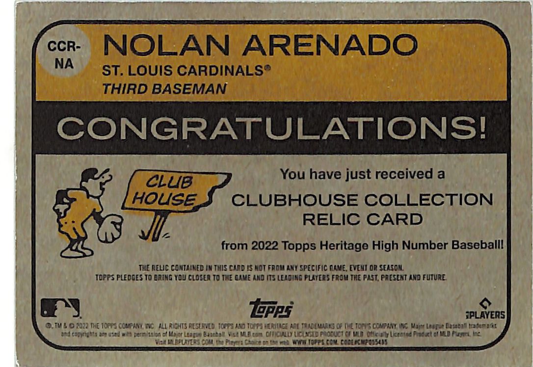 2022 Topps Heritage High Number Nolan Arenado Gold /99 Relic #CCR-NA Cardinals
