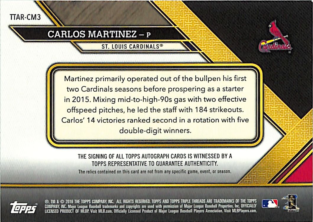 2016 Topps Triple Threads Carlos Martinez /18 Auto Relic Patch #TTAR-CM3
