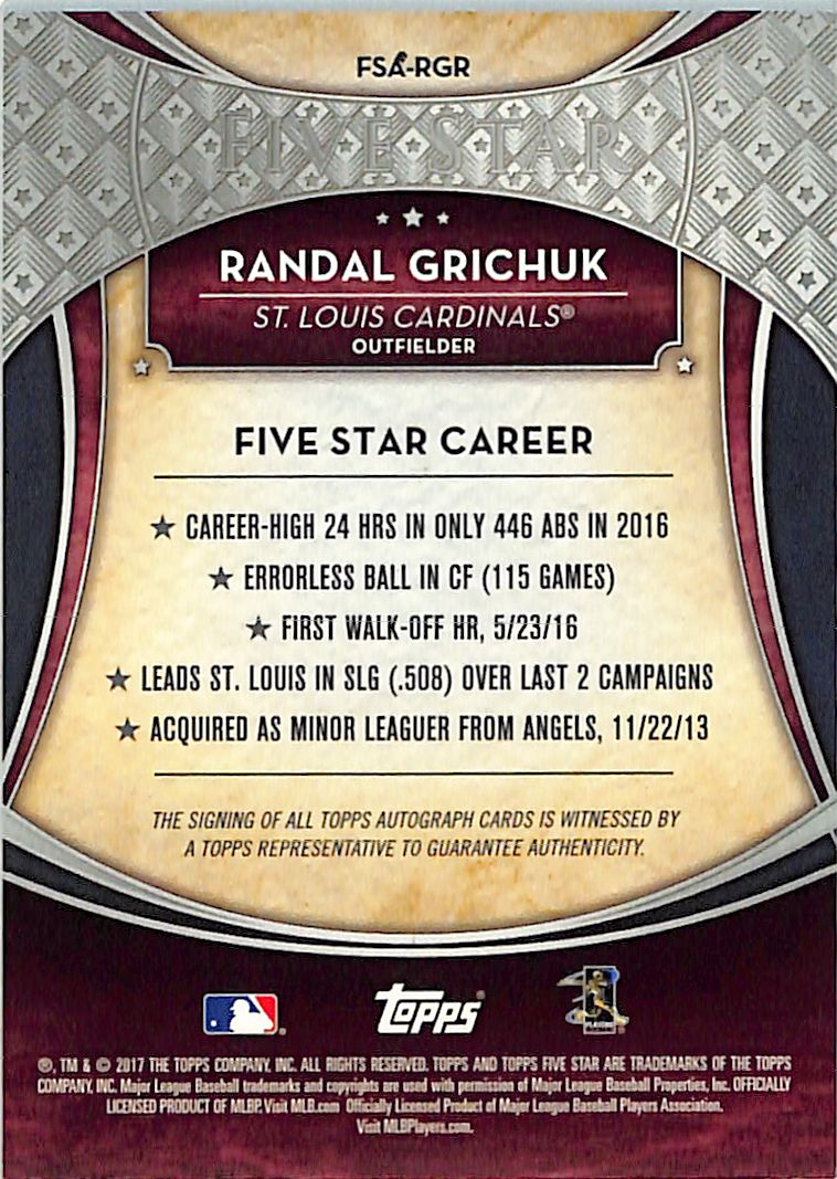 2017 Topps Five Star Randal Grichuk Auto Autograph #FSA-RGR St. Louis Cardinals