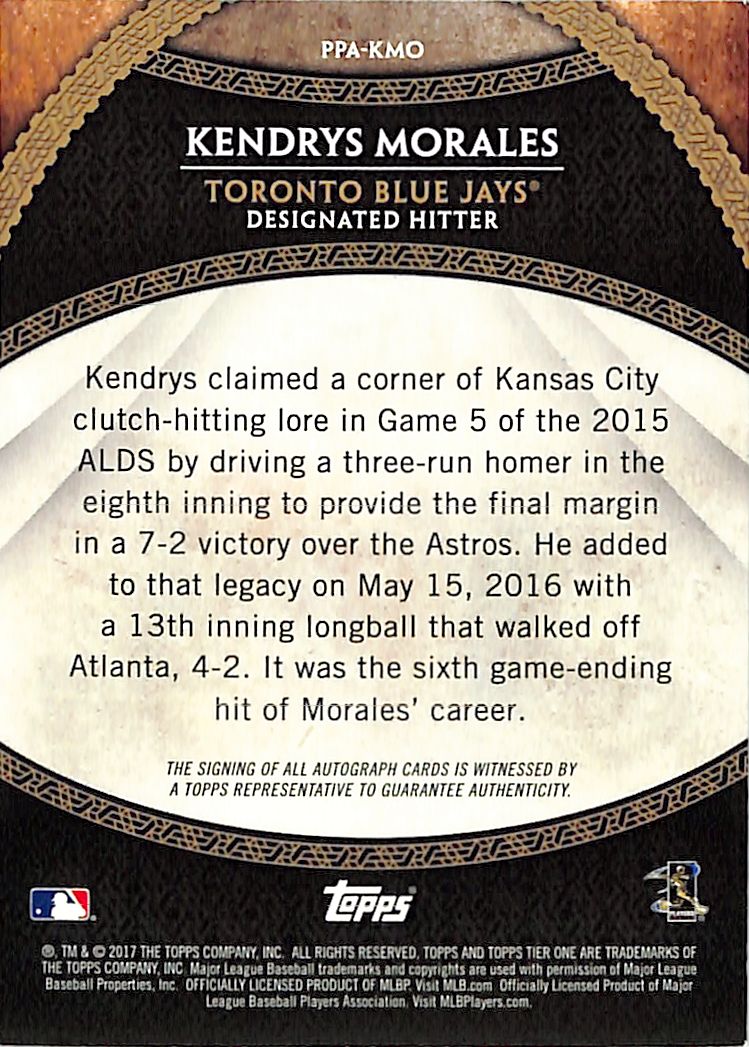2017 Topps Tier One Kendrys Morales Auto Autograph /200 #PPA-KMO Blue Jays