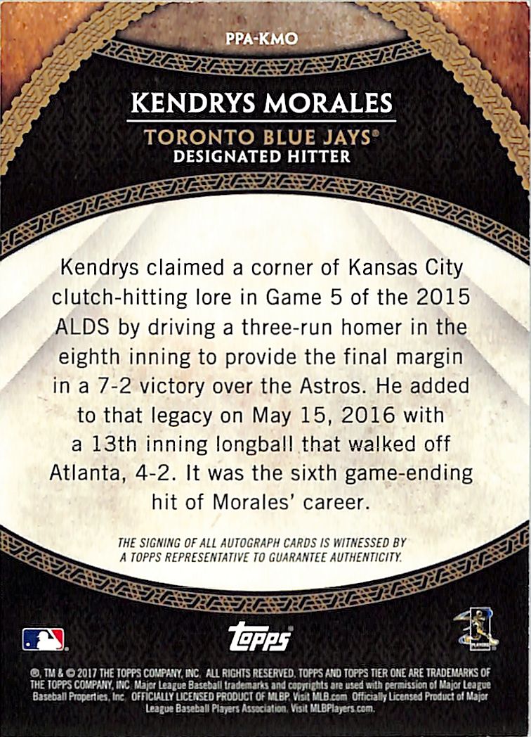 2017 Topps Tier One Kendrys Morales Auto Autograph /200 #PPA-KMO Blue Jays