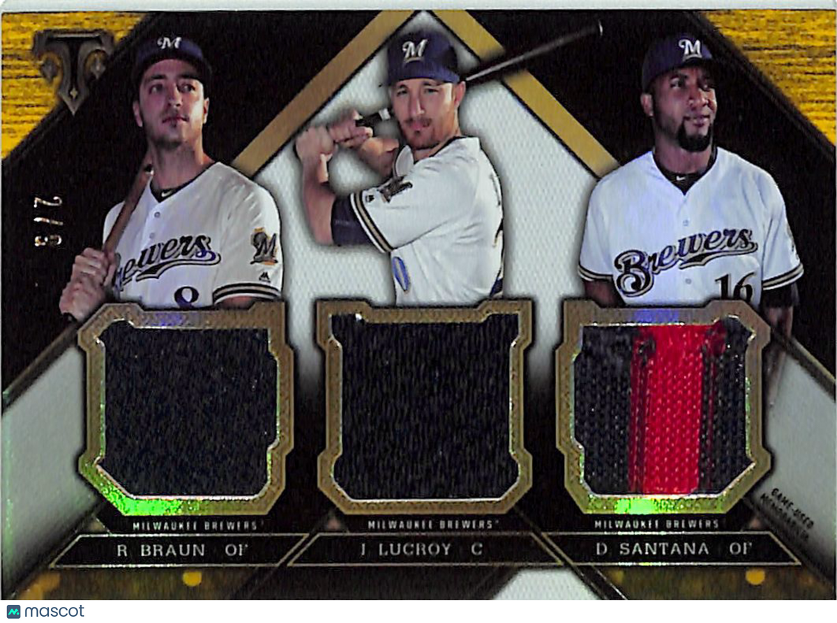 2016 Topps Triple Threads Braun Santana Lucroy /9 Relic Patch #TTRC-BLS Brewers