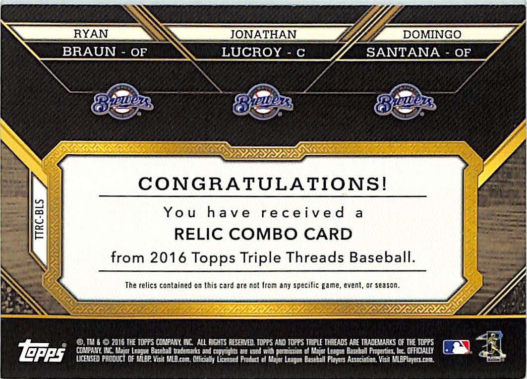 2016 Topps Triple Threads Braun Santana Lucroy /9 Relic Patch #TTRC-BLS Brewers