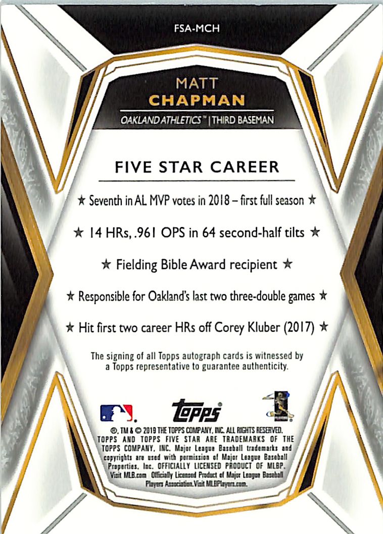 2019 Topps Five Star Matt Chapman Auto Autograph #FSA-MCH Oakland Athletics
