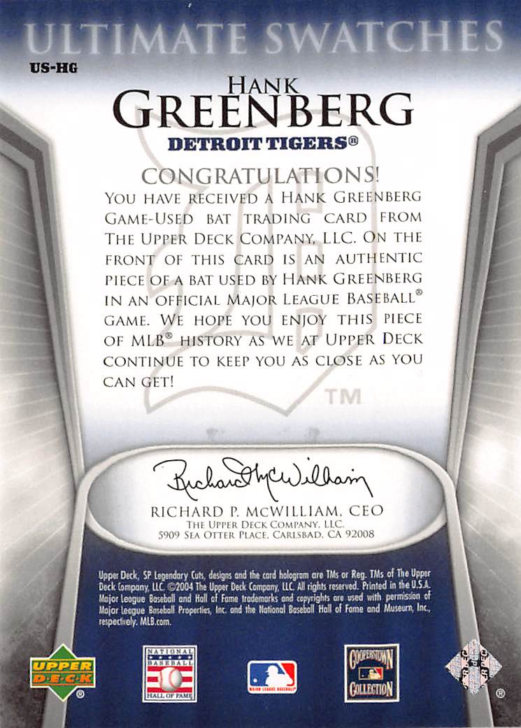 2004 Upper Deck SP Legendary Cuts Ultimate Swatches Hank Greenberg Bat #US-HG