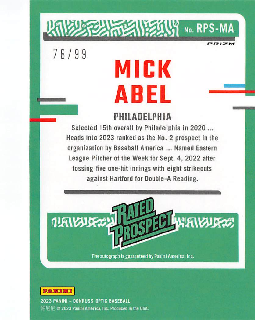 2023 Panini Donruss Optic Mick Abel Purple Auto /99 Rookie #RPS-MA Phillies