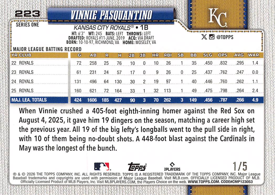 2026 Topps Series One Vinnie Pasquantino Red Foil /5 #223 Kansas City Royals