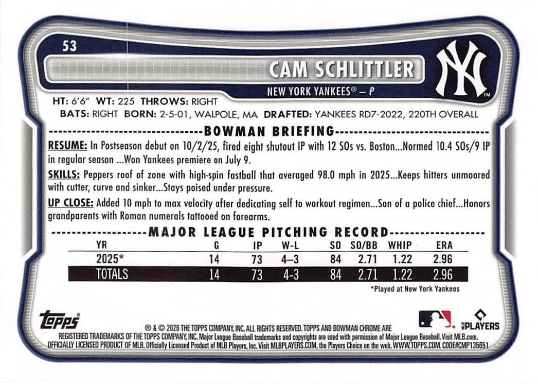 2026 Bowman Chrome Cam Schlittler Gold Mojo Refractor /50 Rookie RC #53 Yankees