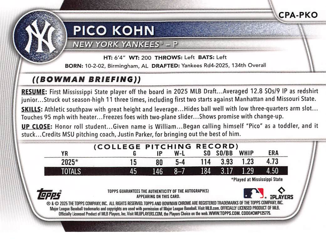 2025 Bowman Chrome Pico Kohn Prospect Auto Rookie #CPA-PKO New York Yankees