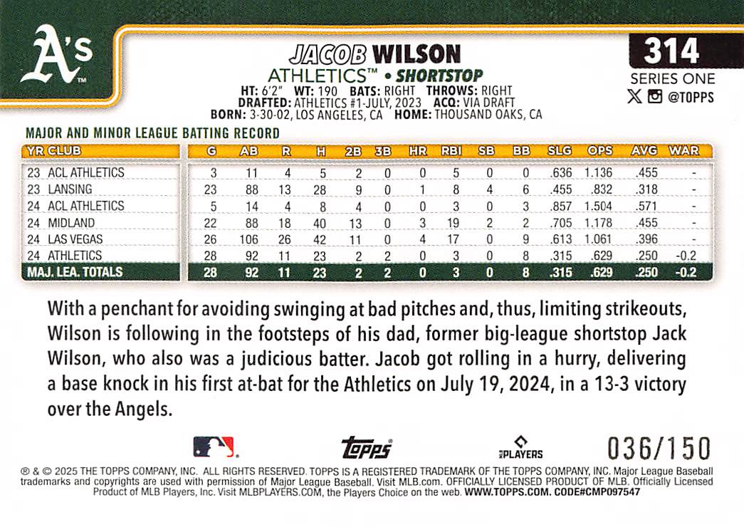 2025 Topps Series One Jacob Wilson Blue Foil /150 Rookie RC #314 Athletics