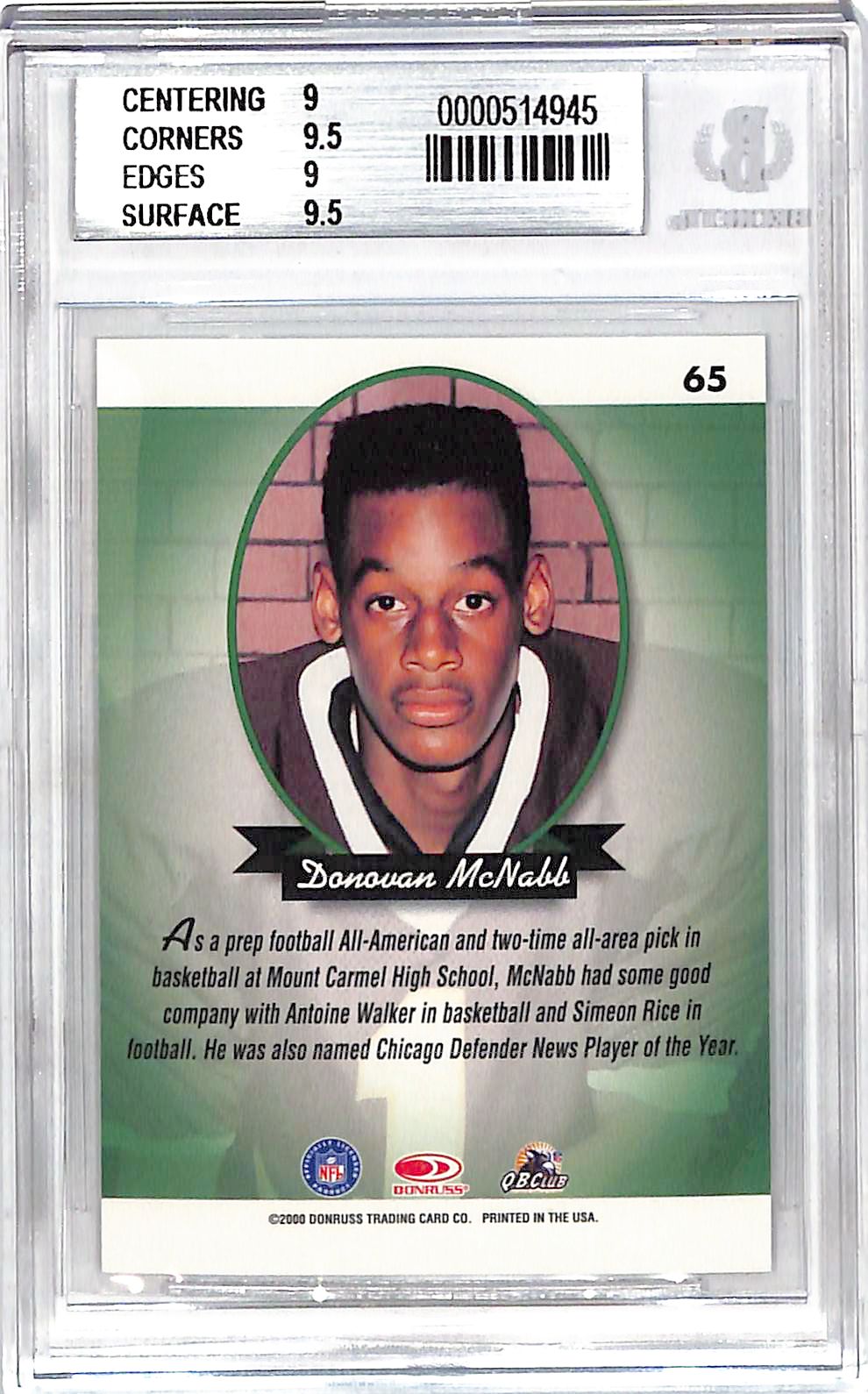 2000 Donruss Preferred Donovan McNabb Graded Series /1125 #65 BGS 9 Philadelphia Eagles