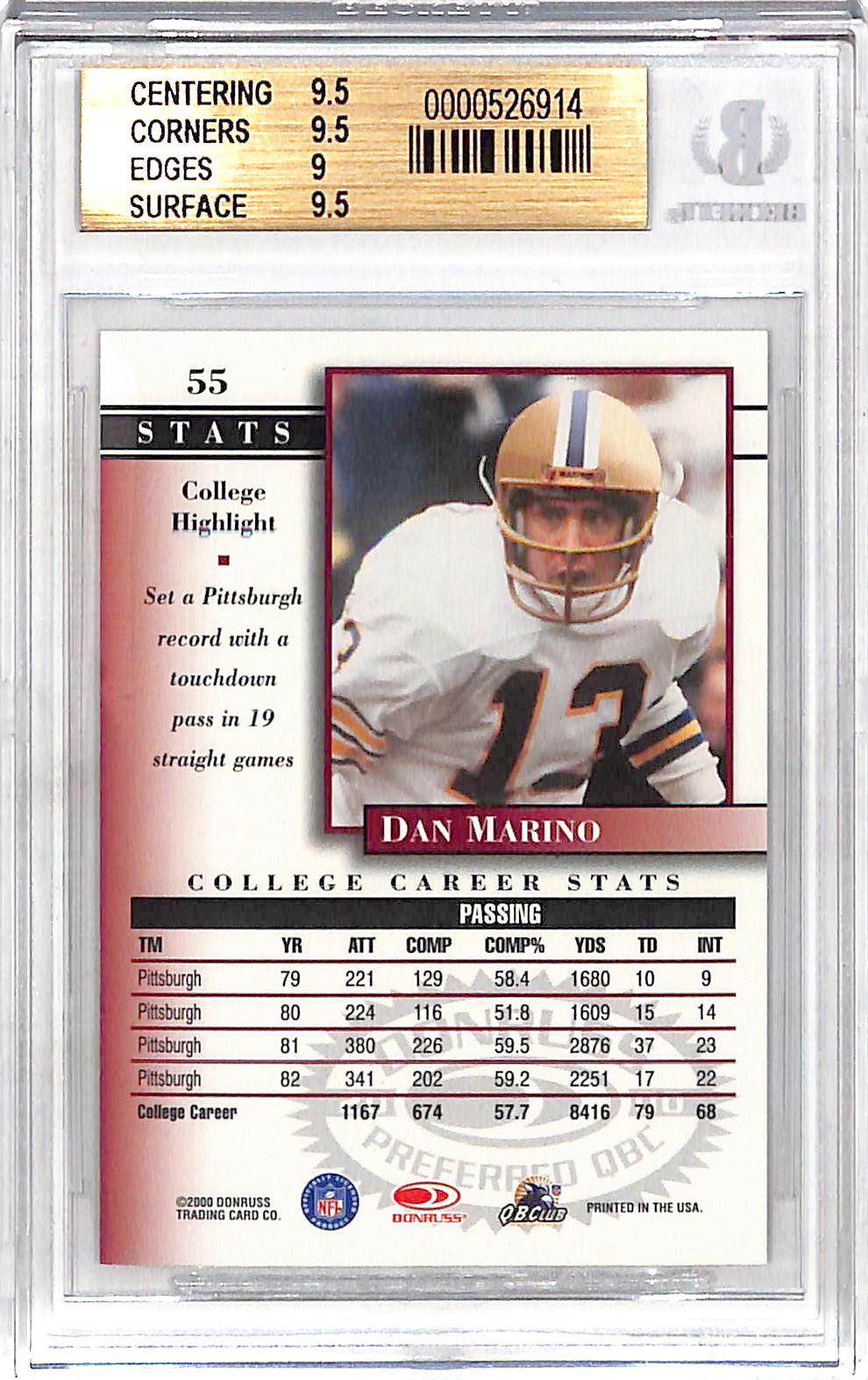 2000 Donruss Preferred QBC Dan Marino Graded Series /1125 #55 BGS 9.5 Pittsburgh Panthers