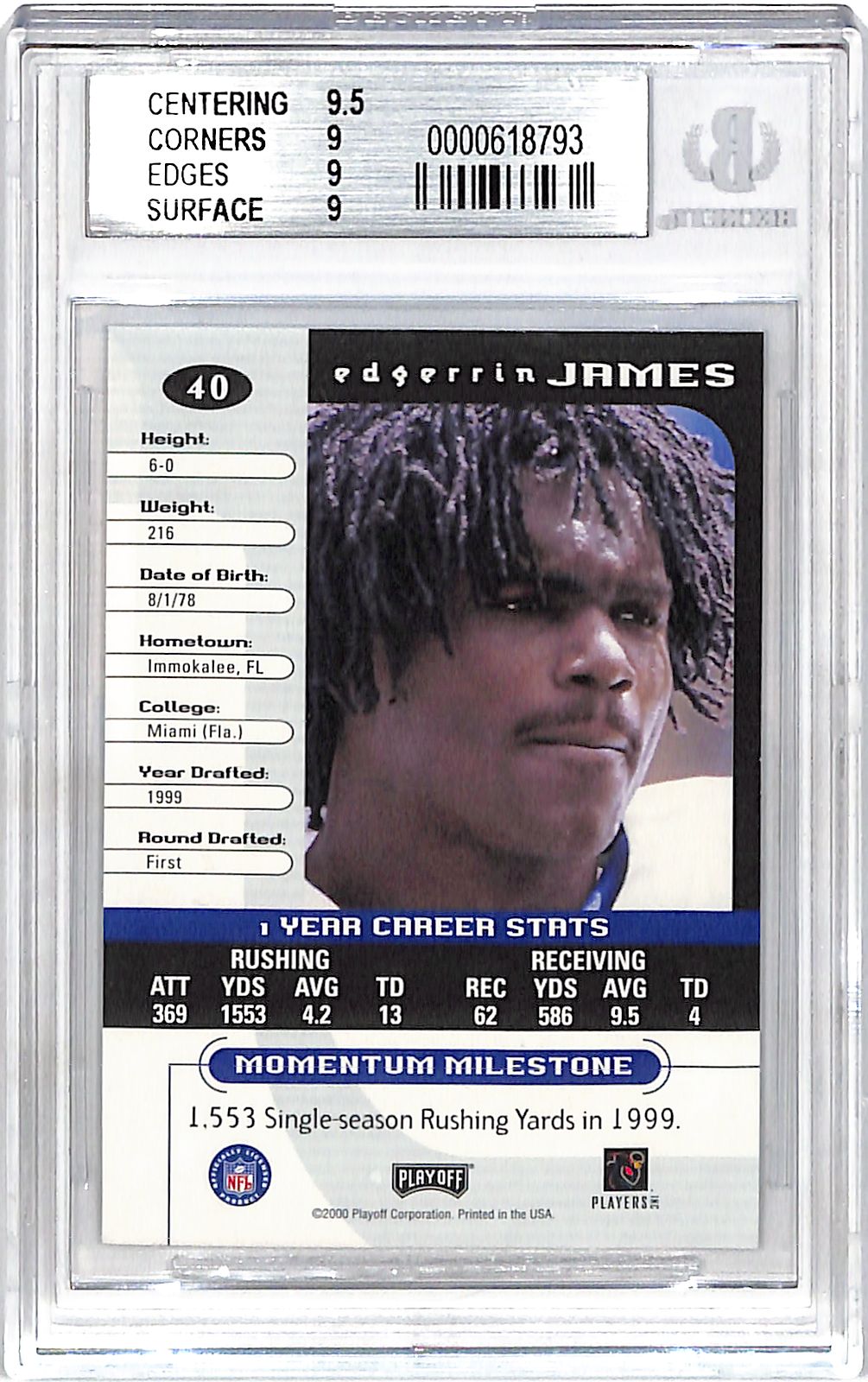 2000 Playoff Momentum Edgerrin James Graded Series /210 #40 BGS 9 Indianapolis Colts