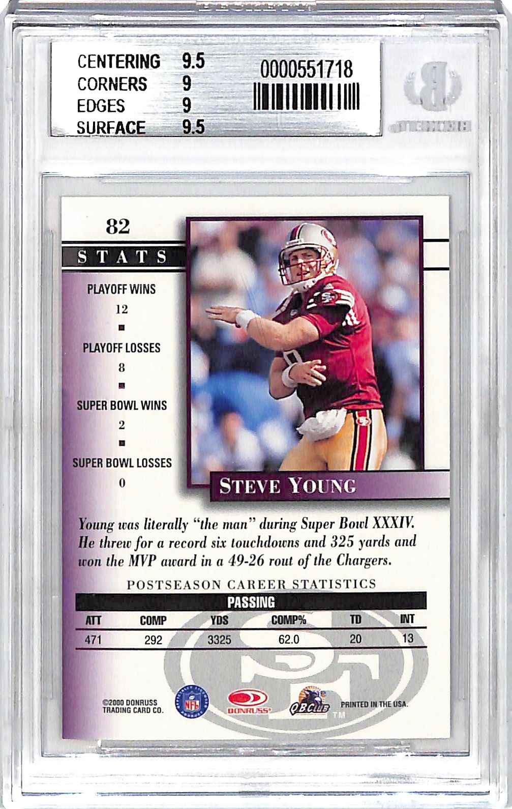 2000 Donruss Preferred QBC Steve Young Graded Series /1125 #82 BGS 9 San Francisco 49ers