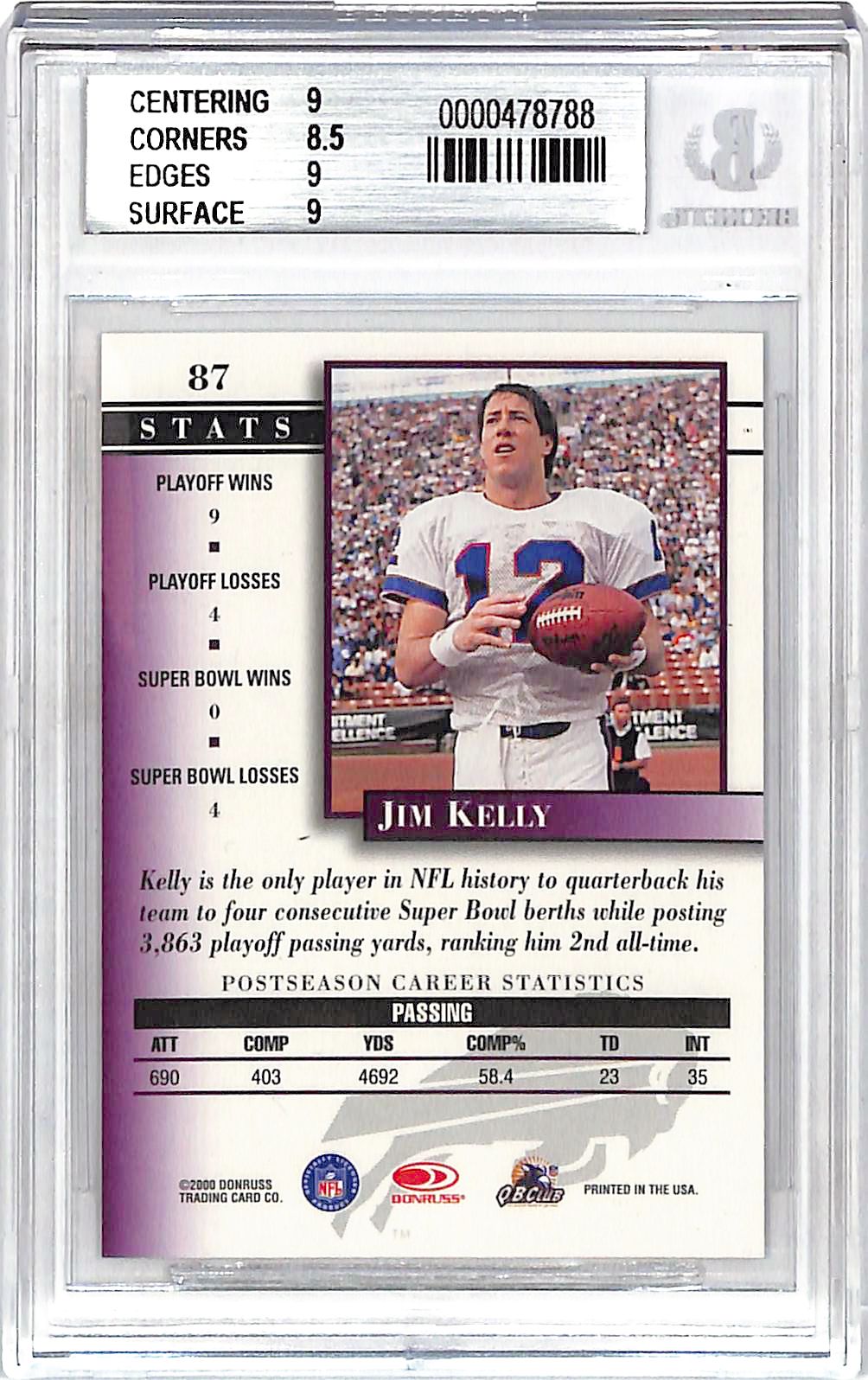 2000 Donruss Preferred QBC Jim Kelly Graded Series /1125 #87 BGS 9 Buffalo Bills