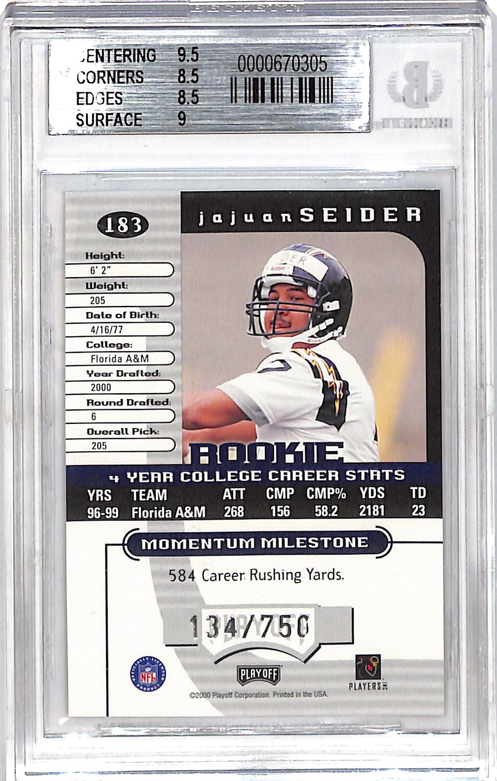 2000 Playoff Momentum JaJuan Seider Graded Series /175 Rookie #183 BGS 8.5 San Diego Chargers
