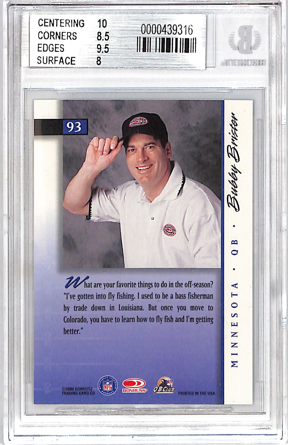2000 Donruss Preferred Bubby Brister Graded Series /1125 #93 BGS 8.5 Minnesota Vikings