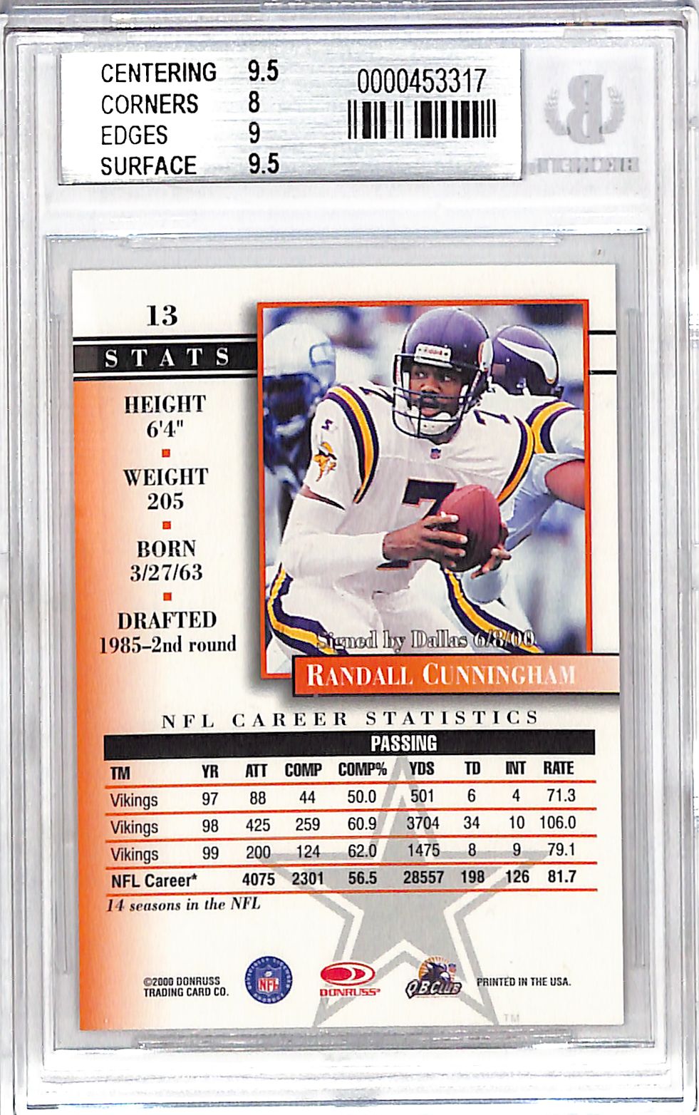 2000 Donruss Preferred Graded Series Randall Cunningham Graded Series /1125 #13 BGS 8.5 Dallas Cowboys