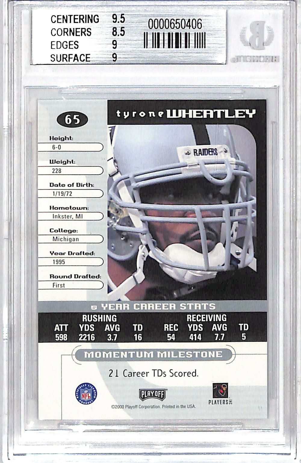 2000 Playoff Momentum Tyrone Wheatley Graded Series /210 #65 BGS 9 Oakland Raiders