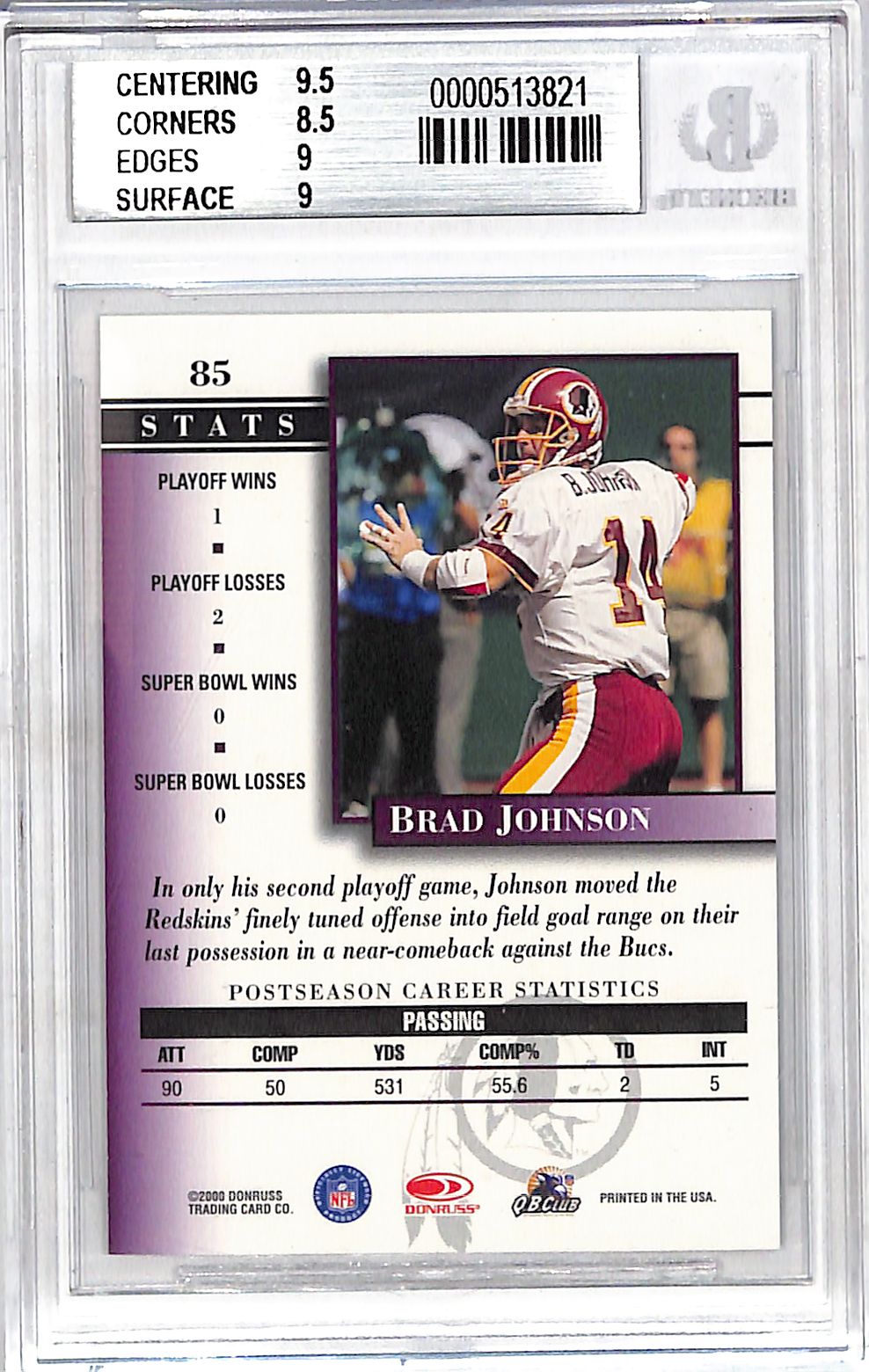 2000 Donruss Preferred Brad Johnson Graded Series /1125 #85 BGS 9 Washington Redskins