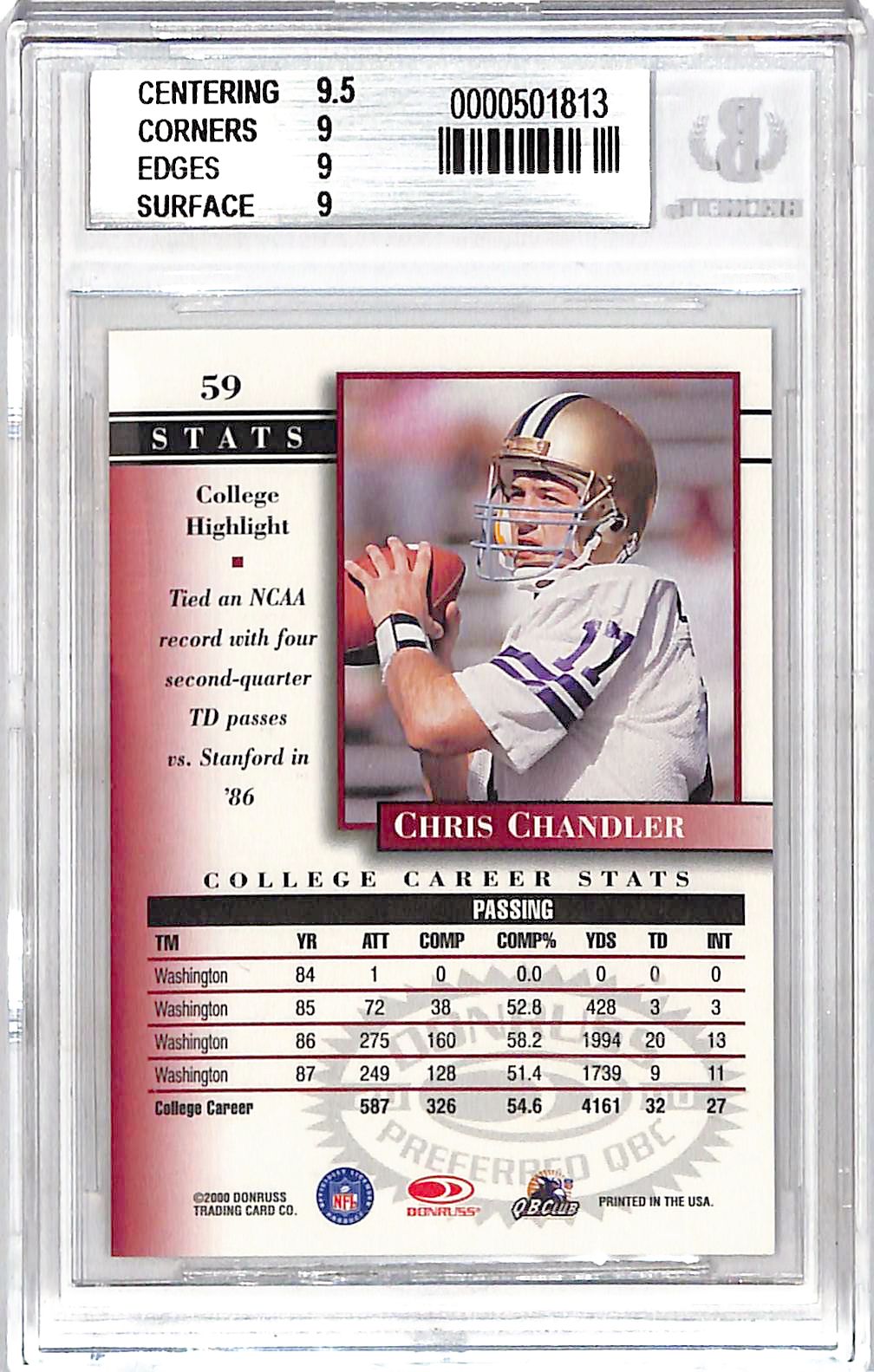 2000 Donruss Preferred Chris Chandler Graded Series /1125 #59 BGS 9 Washington Huskies