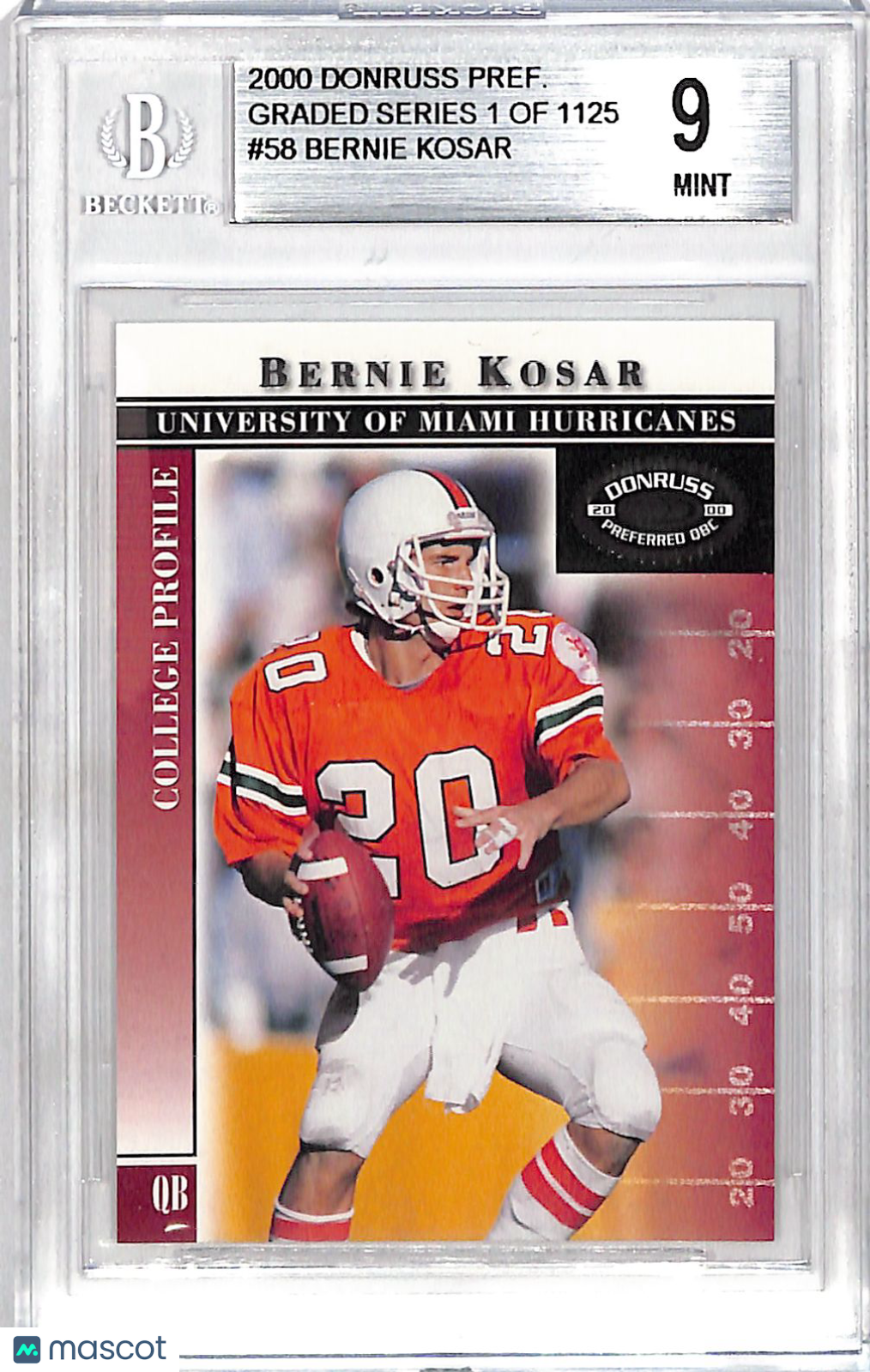 2000 Donruss Preferred QBC Bernie Kosar Graded Series /1125 #58 BGS 9 Miami Hurricanes