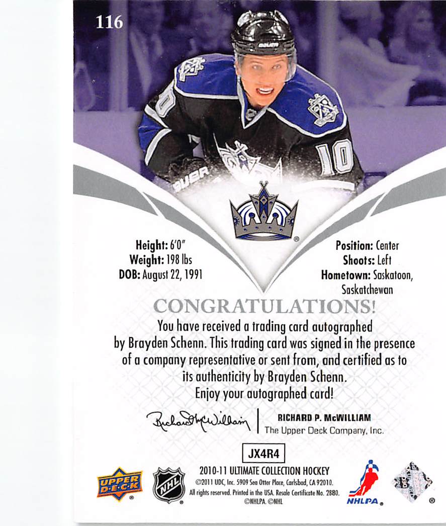 2011 Upper Deck Ultimate Collection Rookies Auto Brayden Schenn /299 #116 Kings