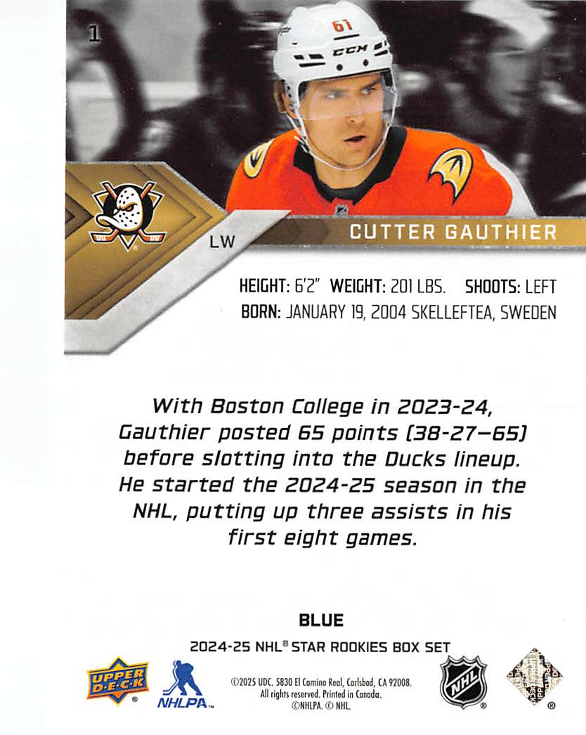2024-25 Upper Deck NHL Star Rookies Box Set Cutter Gauthier Blue #1 Ducks