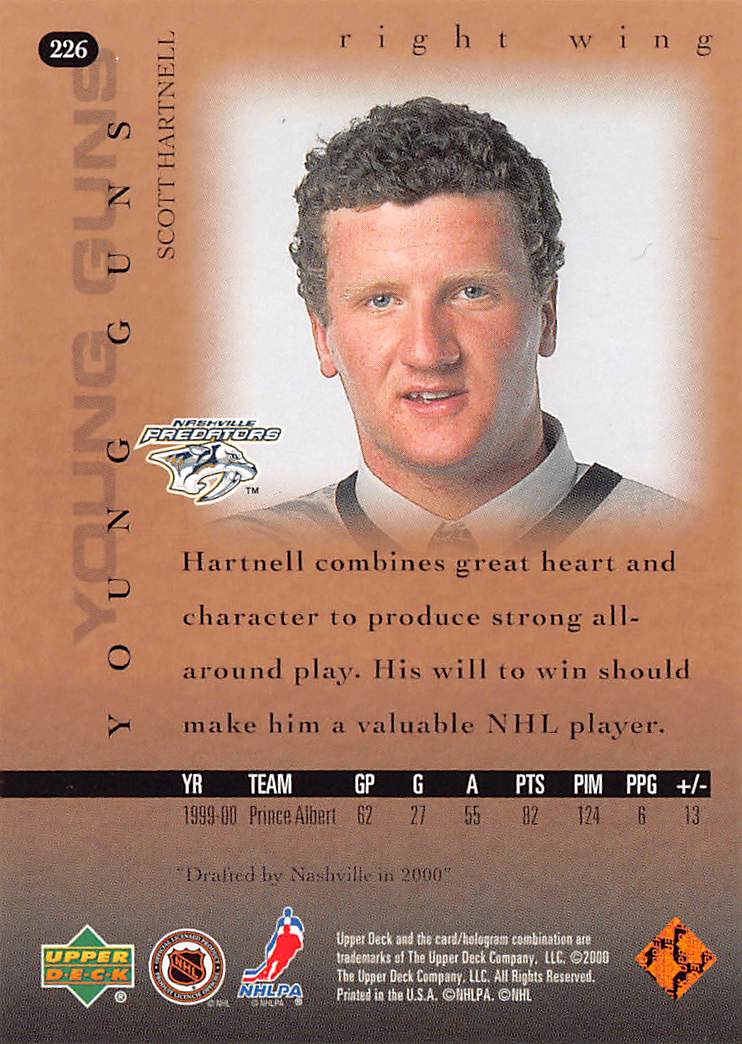 2000-01 Upper Deck Young Guns Scott Hartnell Rookie #226 Nashville Predators