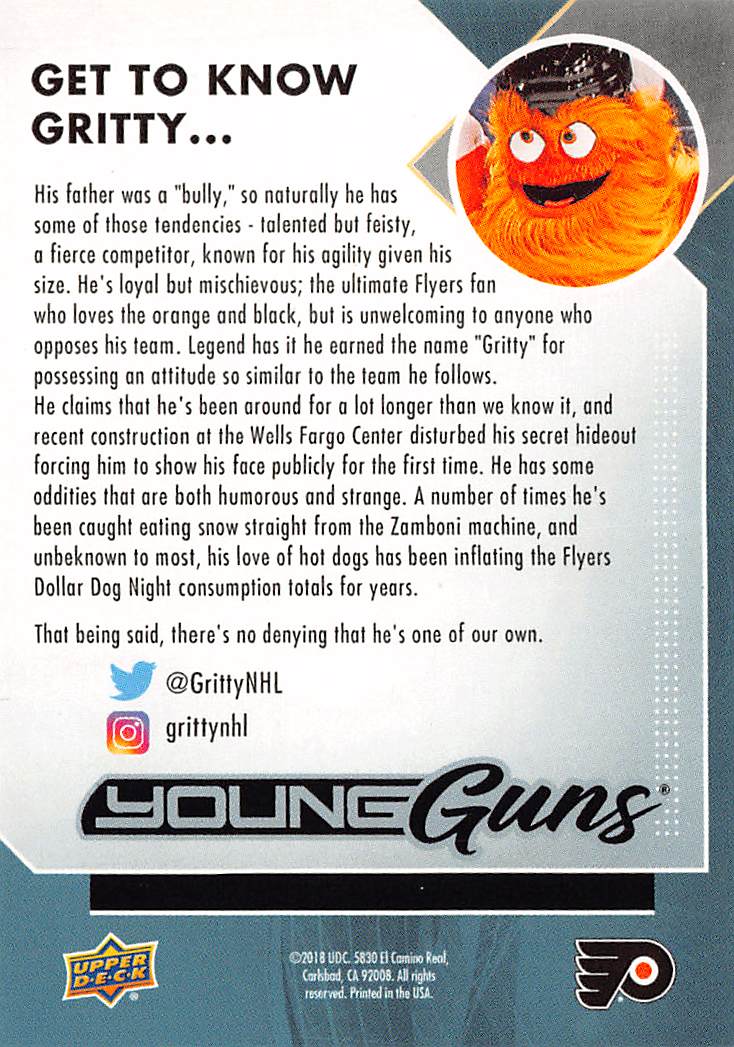 2018-19 Upper Deck Young Guns Gritty Rookie #M Philadelphia Flyers
