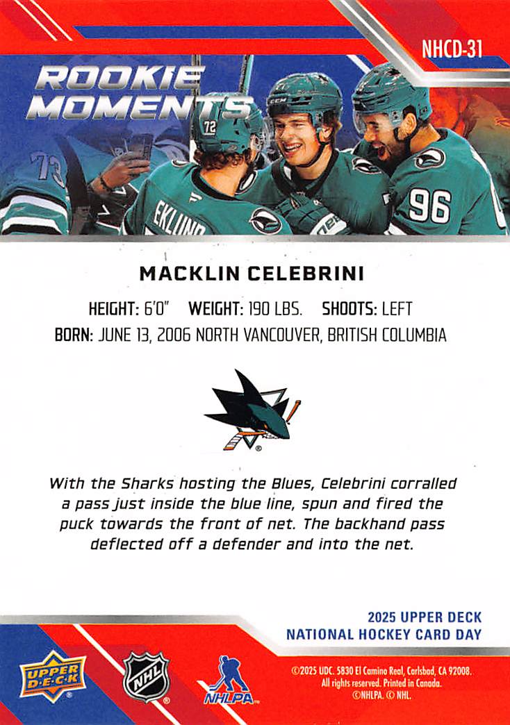 2025 Upper Deck National Hockey Card Day Rookie Moments Macklin Celebrini